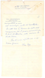 Autografo originale 1968 FIRENZE Ugo STOPPATO ringrazia per articolo sul padre Lorenzo  AUTOGRAFO 1
