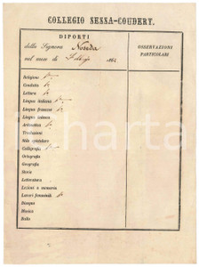 Documento originale, autentico Febbraio 1862 MILANO  Collegio SESSA  COUDERT  Diporti Lia NOSEDA  Pagella 1