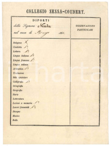 Documento originale, autentico Marzo 1862 MILANO  Collegio SESSA  COUDERT  Diporti Lia NOSEDA  Pagella 1