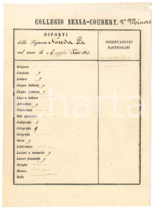 Documento originale, autentico Maggio 1863 MILANO  Collegio SESSA  COUDERT  Diporti Lia NOSEDA  Pagella 1