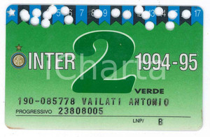 Oggetto da collezione cartaceo 1994/1995 MILANO Stadio San Siro INTER Tessera del tifoso 2 verde  8x5 1