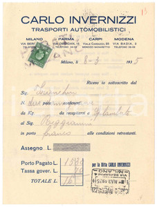 Documento originale, autentico 1935 MILANO Trasporti Carlo INVERNIZZI Consegna damigiane a SPILAMBERTO 14x19cm 1