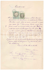 Documento originale, autentico 1876 FIUME Impero Asburgico Quietanza Vittoria BISCHAN per legato PESSI 1