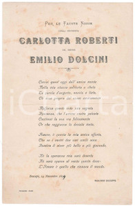Documento originale, autentico 1899 BASCAPÃˆ Nozze Carlotta ROBERTI e Emilio DOLCINI Poesia di Giuseppe MADONINI 1