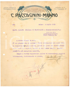 Manoscritto, lettera originale 1914 MILANO via Manzoni 37  Ditta C. PACCAGNINI  Lettera referenze Autografo 1