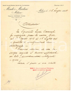 Manoscritto, lettera originale 1914 MILANO via Oriani 7  Ditta MONTI & MARTINI isolanti  Lettera di referenze 1