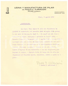 Manoscritto, lettera originale 1932 Usina y Manufactura de PILAR PARAGUAY Lettera Paolo ALBERZONI Autografo 1