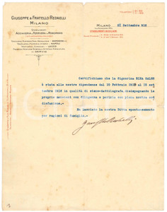 Documento originale, autentico 1916 ROGOREDO Acciaieria Giuseppe REDAELLI Lettera referenze stenodattilografa 1