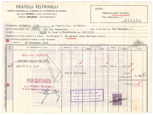 Documento originale, autentico 1939 MILANO Via Romagnosi  Fratelli Feltrinelli  Commercio legnami Fattura 1