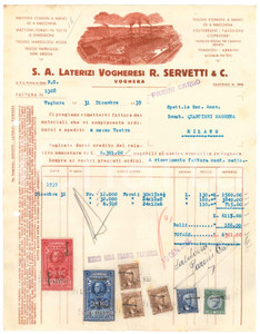 Documento originale, autentico 1939 VOGHERA S. A. Laterizi Vogheresi R. SERVETTI  Mattoni e tegole Fattura 1