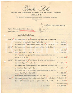 Documento originale, autentico 1940 MILANO Saldatore Giulio Sala  Fattura per casa in Via Gesù 11  22x28 cm 1