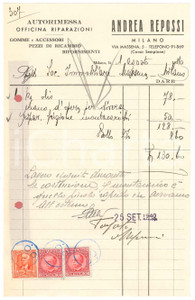 Documento originale, autentico 1940 MILANO via Massena 5  Andrea REPOSSI Autorimessa officina  Fattura 1