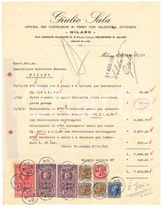 Documento originale, autentico 1940 MILANO Piazzale Gambara  Giulio SALA Costruzioni in ferro Fattura 1