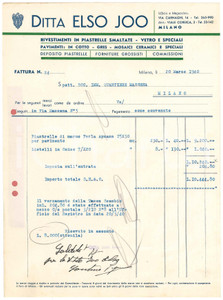 Documento originale, autentico 1940 MILANO via Carnaghi 14 Ditta Elso JOO Piastelle  Fattura 1