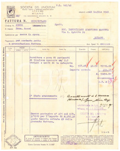 Documento originale, autentico 1940 MILANO Via Macedonio Melloni 28  SocietÃ  del Linoleum Fattura 1