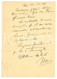 Autografo originale 1948 VENEZIA Vincenzo MANZINI  Cartolina a un collega Autografo 1