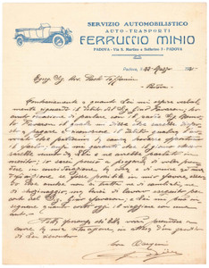 Documento originale, autentico 1931 PADOVA Ferruccio MINIO Autotrasporti  Servizio automobilistico Lettera 1