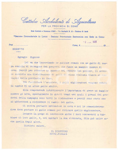 Documento originale, autentico 1930 COMO Cattedra Agricoltura  Sussidi galli di razza italiana bianca Lettera 1