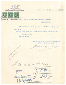 Documento originale, autentico 1936 PALERMO  C.E.F. Costruzioni Esercizio Ferrovie  Ricevuta 1