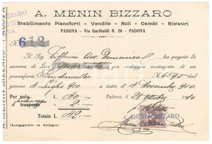 Documento originale, autentico 1910 PADOVA  A. MENIN BIZZARRO Pianoforti  Ricevuta per noleggio 1