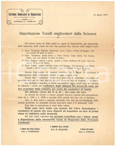 Documento originale, autentico 1930 COMO Cattedra Agricoltura Importazione torelli miglioratori dalla Svizzera 1