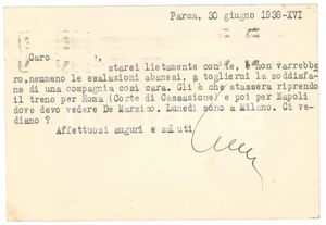 Autografo originale 1938 PARMA Cartolina Aurelio CANDIAN in partenza per Roma Autografo 1