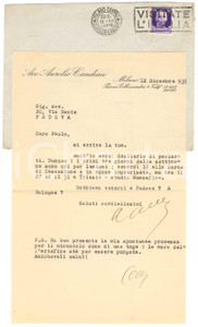 Autografo originale 1939 MILANO Lettera Aurelio CANDIAN a un collega per appuntamento  Autografo 1