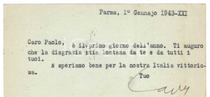 Autografo originale 1943 PARMA Aurelio CANDIAN Speriamo bene per la nostra Italia  Autografo 1