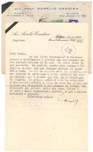 Autografo originale 1943 PARMA Aurelio CANDIAN protesta per intervento presso Farinacci  Autografo 1