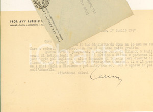 Autografo originale 1947 MILANO Aurelio CANDIAN  Lettera per impegni di lavoro  Autografo 1