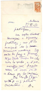 Autografo originale 1952 MILANO Lettera Aurelio CANDIAN in partenza per Firenze Autografo 1
