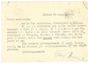 Autografo originale 1961 MILANO Cartolina Aurelio CANDIAN a un amico  Autografo 1