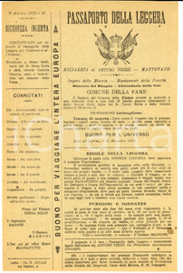 Documento originale, autentico 1890 ca Arturo FRIZZI Passaporto della Leggera  Comune della Fame  CURIOSO 1