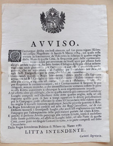 Documento originale, autentico 1787 MILANO Divieto di semina del riso per ragioni sanitarie  Avviso 37x50 cm 1