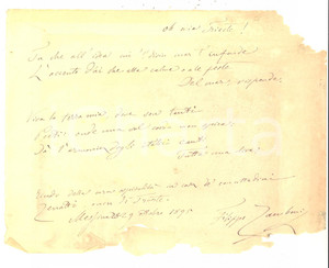 Autografo originale 1895 MESSINA Filippo ZAMBONI  Oh mia Trieste!   Poesia AUTOGRAFO DANNEGGIATO 1