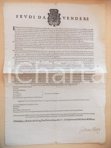 Documento originale, autentico 1649 STATO DI MILANO Avviso per feudi da vendere  Manifesto RARO 54x38 cm 1