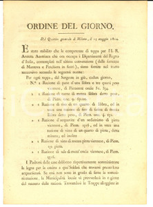 Documento originale, autentico 1814 MILANO Imperial Regia Armata Austriaca  Ordine del giorno rancio e legna 1