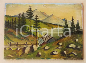 Opera d’arte autentica 1948 ARTE Panorama alpino con baite  Olio su tavola FIRMATO 28x18 cm 1