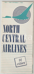 Materiale pubblicitario d’epoca 1964 NORTH CENTRAL AIRLINES Schedule locator  91 cities  Brochure 10x23 cm 1