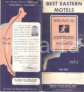 Materiale pubblicitario d’epoca 1963 EMMONS WALKER MOTOR GUIDE Best eastern motels  Pieghevole con mappa 11x23 1