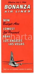 Materiale pubblicitario d’epoca 1964 BONANZA AIR LINES Reno  Las Vegas  Los Angeles  Timetable Pieghevole 1