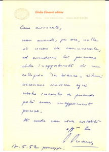 Autografo originale 1952 TORINO Lettera Giulio EINAUDI per rinvio di un incontro  Autografo 1