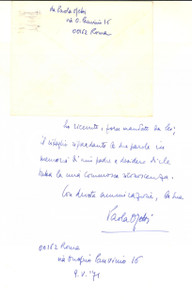 Autografo originale 1971 ROMA Lettera Paola OJETTI per ringraziamento  Autografo 1