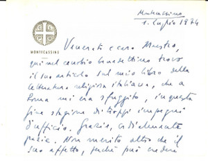 Autografo originale 1974 MONTECASSINO Biglietto mons. Giovanni FALLANI  ringraziamento  Autografo 1