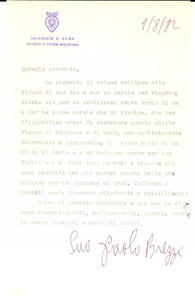 Autografo originale 1982 UNIVERSITA  DI ROMA Lettera Paolo BREZZI per ringraziamento  Autografo 1
