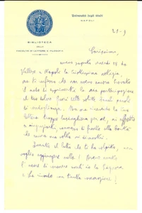 Autografo originale 1960 ca UNIVERSITA  DI NAPOLI Lettera Paolo BREZZI per condoglianze Autografo 1