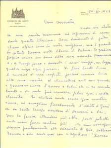 Autografo originale 1963 PADOVA Convento del Santo  Lettera padre Andrea ECCHER per libro AUTOGRAFO 1