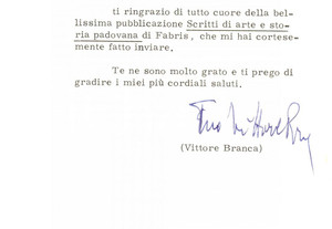 Autografo originale 1977 VENEZIA Fondazione CINI  Vittore BRANCA per ringraziamento Autografo 1