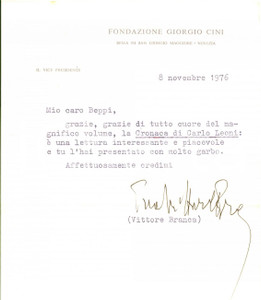 Autografo originale 1976 VENEZIA Fondazione CINI  Vittore BRANCA per ringraziamento  Autografo 1
