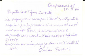 Autografo originale 1976 CAMPOSAMPIERO Biglietto Andrea FERRARI ringraziamento Autografo 1